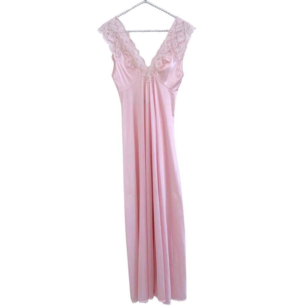 Vintage 70s Miss Elaine Pink Antron Nylon Nightgown Lace Full Length Pristine S